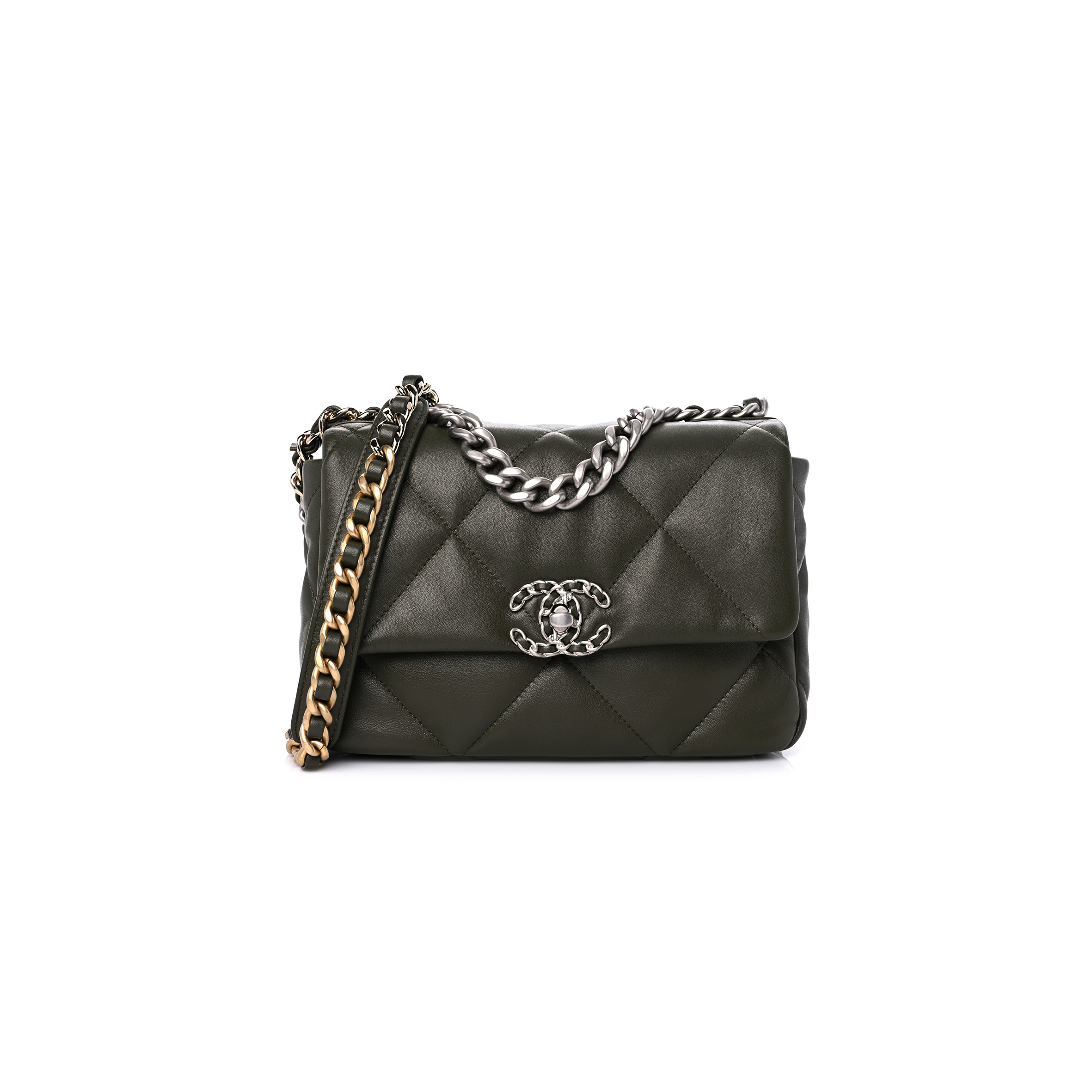 Ch*el lambskin quilted Ch*el 19 flap khaki as1160 (26*16*9cm)